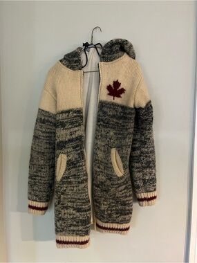 Ark Imports Wool Long Hooded Sweater with Maple Leaf Accent